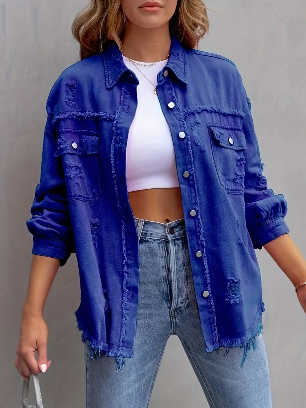 Ripped Long-Sleeved Denim Jacket