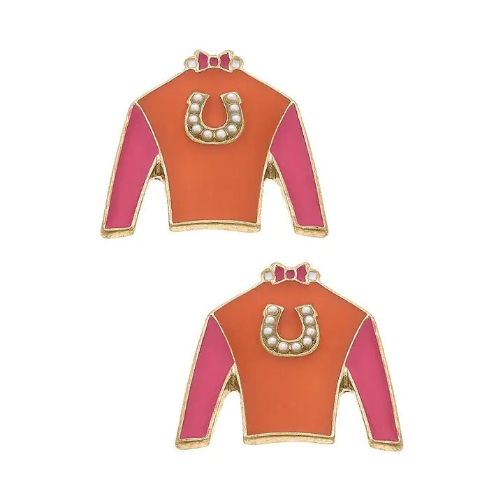 Riva Ridge Jockey Silk Enamel Stud Earrings in Orange & Pink - Juli's Wearable Art