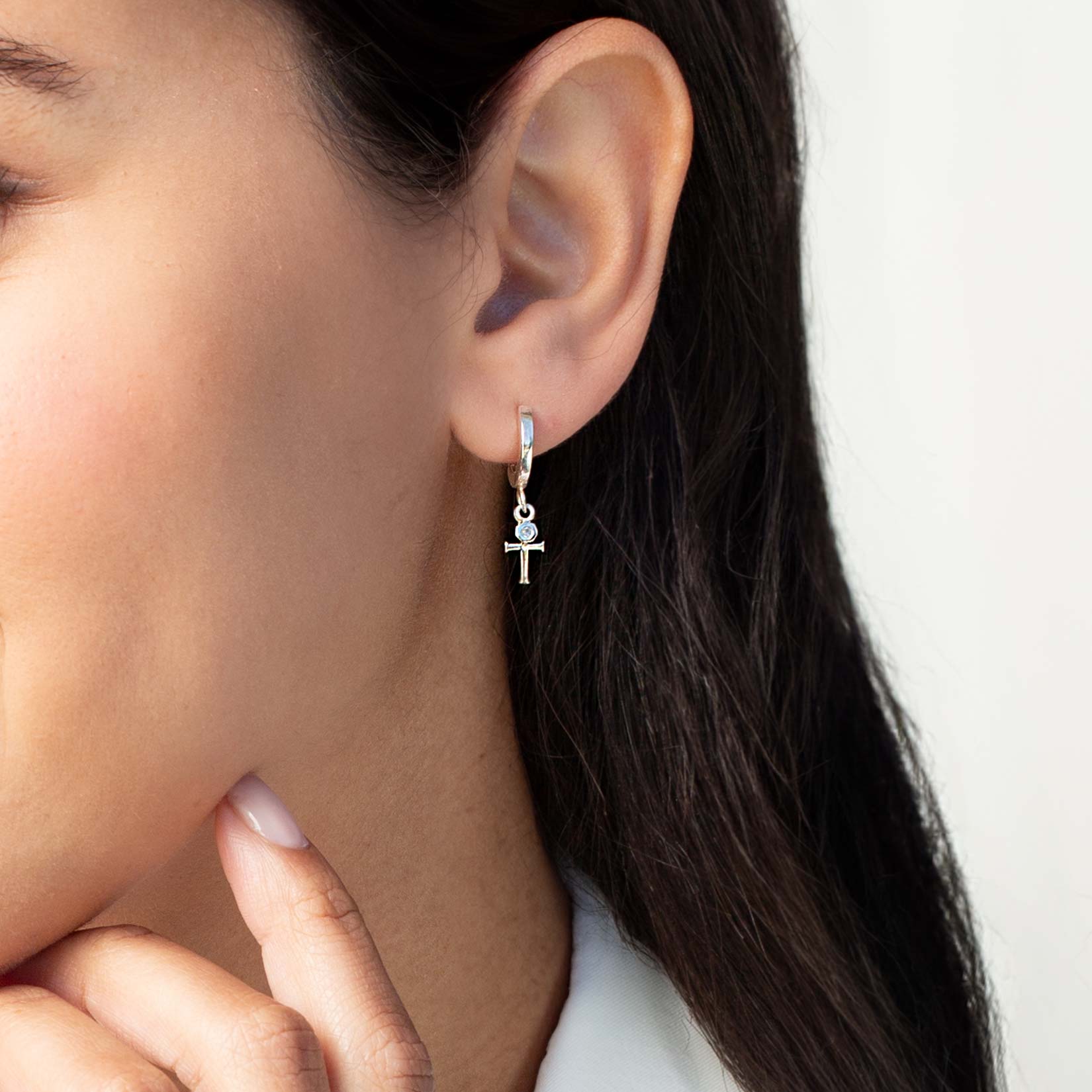 Rizen Calvary Cross Huggie Hoop Earrings | Sterling Silver - Juli's Wearable Art