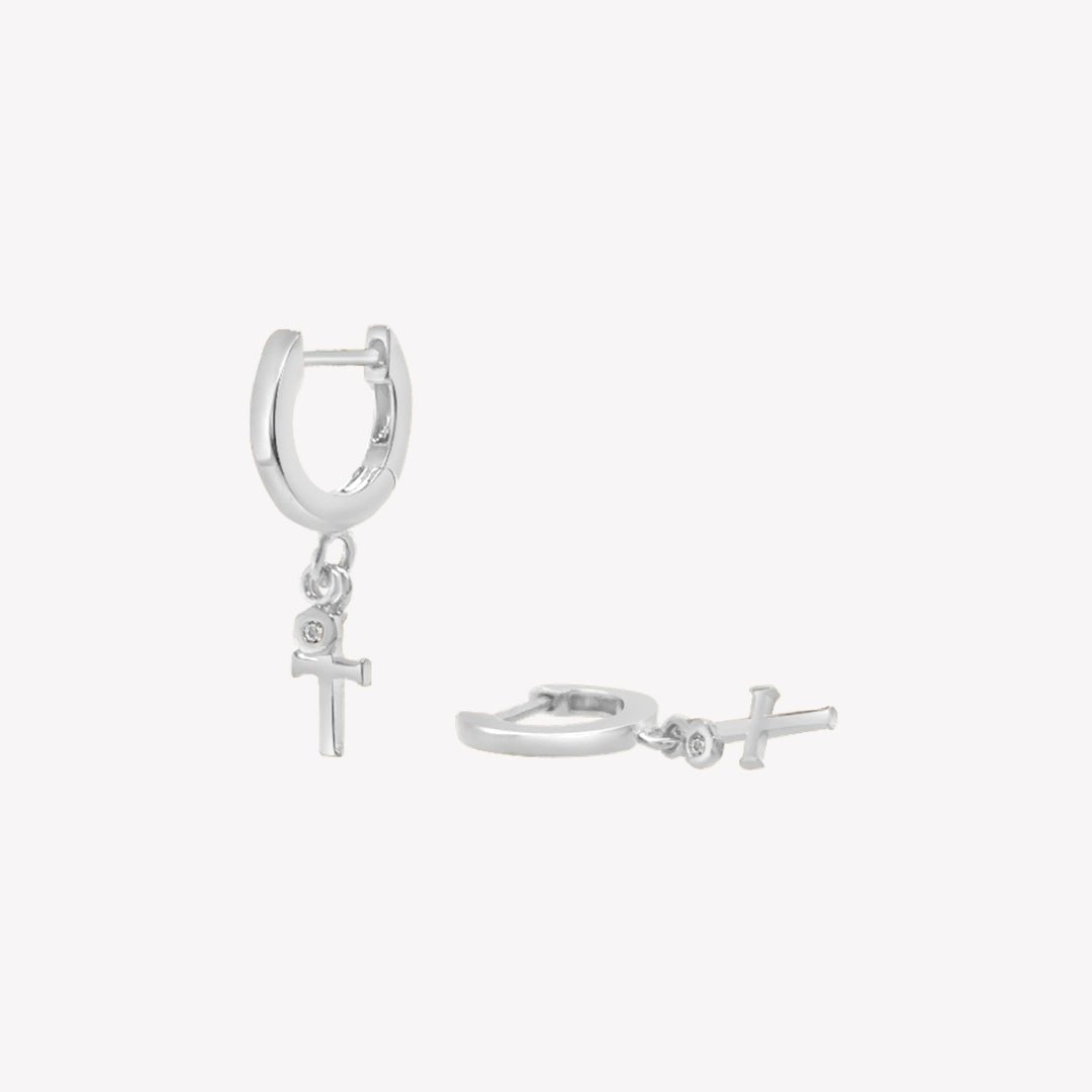 Rizen Calvary Cross Huggie Hoop Earrings | Sterling Silver - Juli's Wearable Art