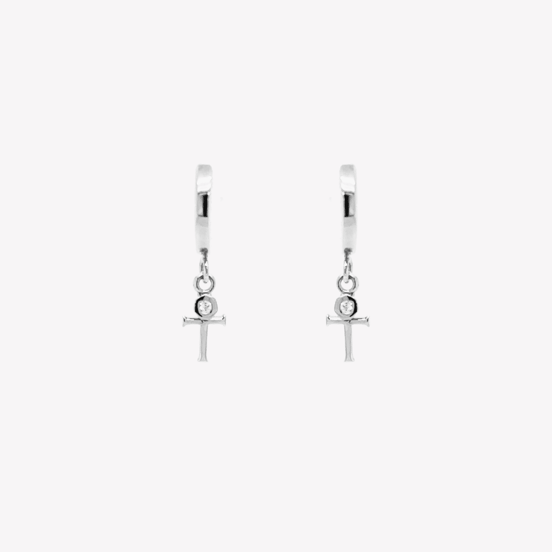 Rizen Calvary Cross Huggie Hoop Earrings | Sterling Silver - Juli's Wearable Art