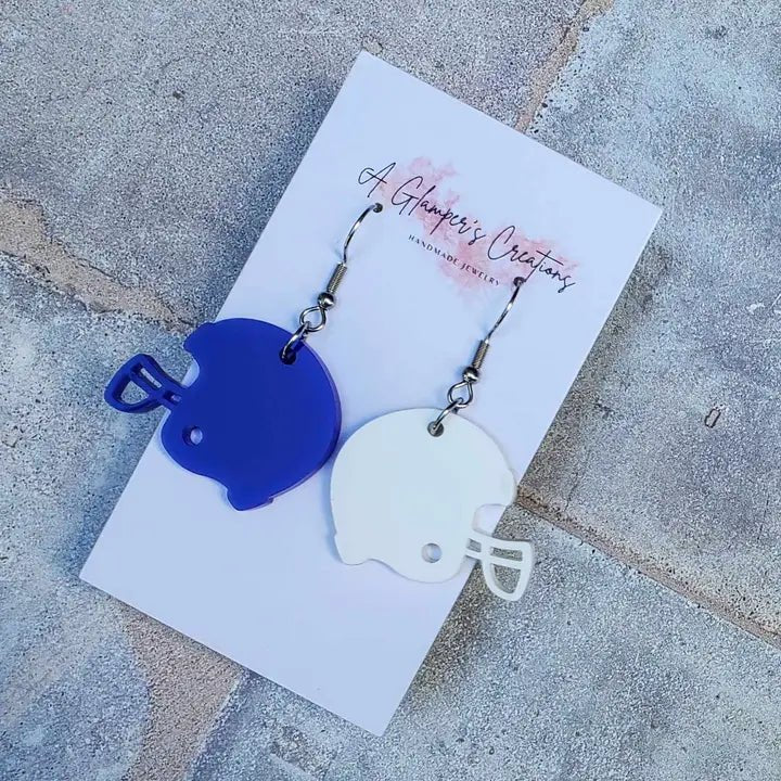 Royal Blue & White Acrylic Football Helmet Earrings - Juli's Wearable Art