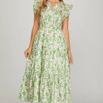 Ruffle Sleeve Floral Tiered Dress with Pockets | Green - Juli's Wearable Art
