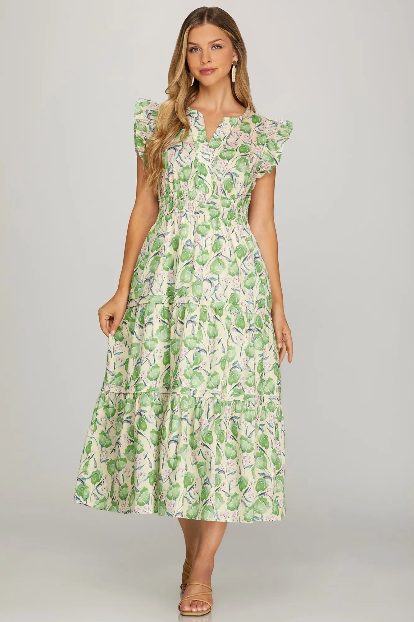 Ruffle Sleeve Floral Tiered Dress with Pockets | Green