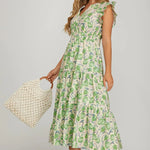 Ruffle Sleeve Floral Tiered Dress with Pockets | Green - Juli's Wearable Art