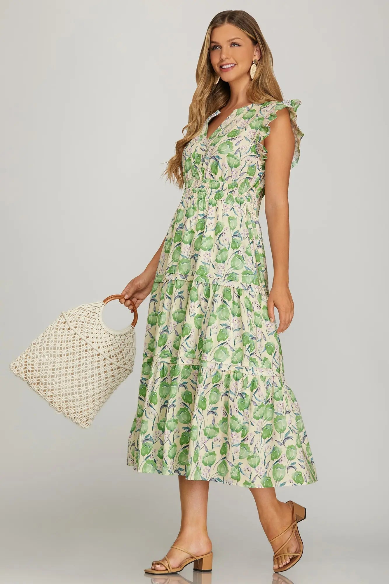 Ruffle Sleeve Floral Tiered Dress with Pockets | Green