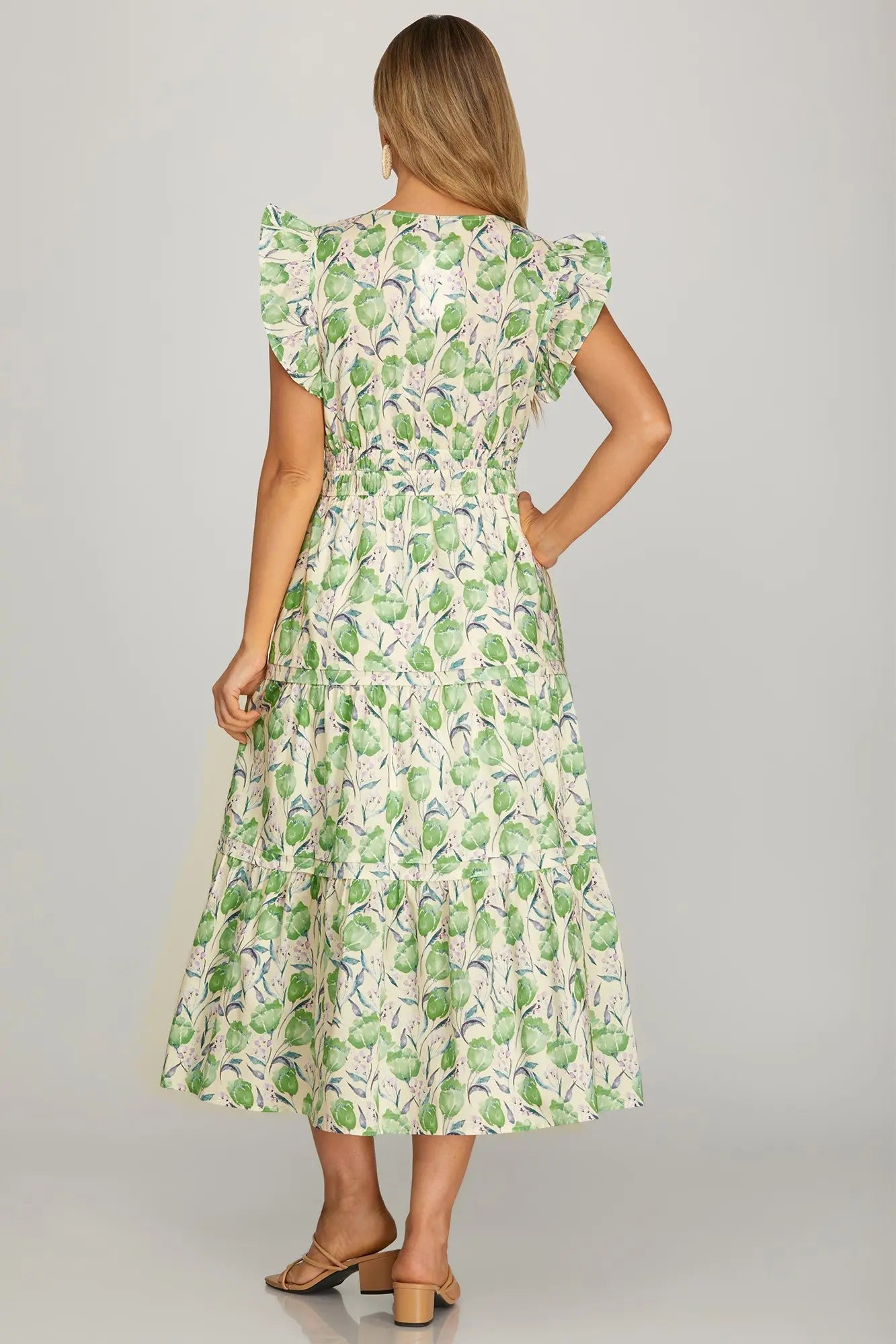 Ruffle Sleeve Floral Tiered Dress with Pockets | Green - Juli's Wearable Art