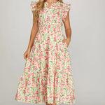 Ruffle Sleeve Floral Tiered Dress with Pockets - Juli's Wearable Art