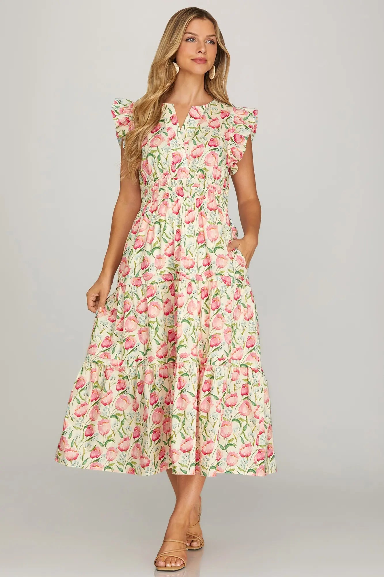 Ruffle Sleeve Floral Tiered Dress with Pockets