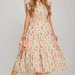 Ruffle Sleeve Floral Tiered Dress with Pockets - Juli's Wearable Art
