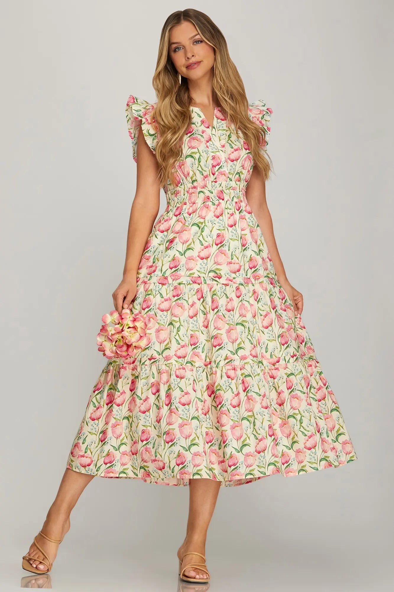 Ruffle Sleeve Floral Tiered Dress with Pockets