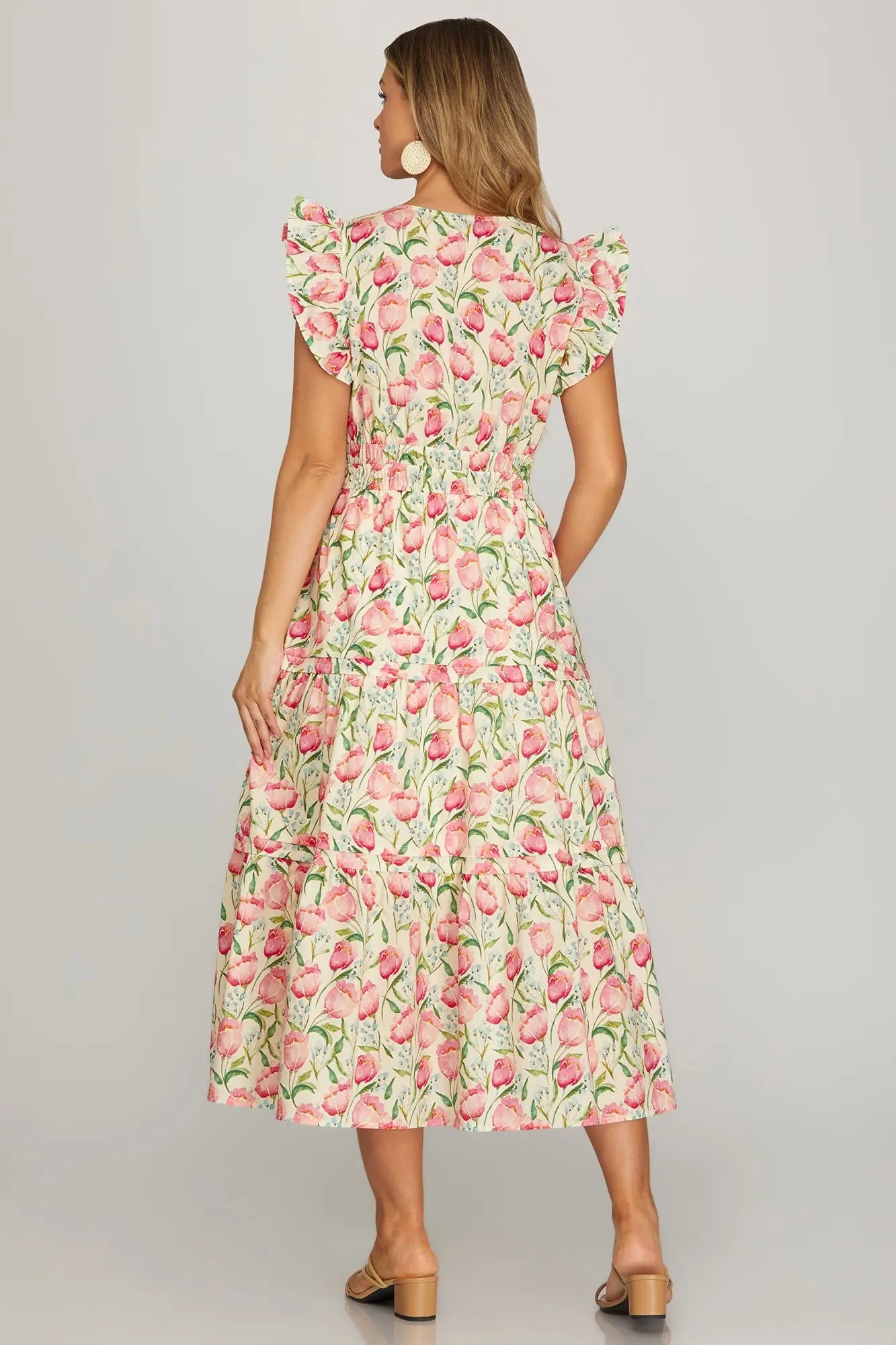 Ruffle Sleeve Floral Tiered Dress with Pockets - Juli's Wearable Art