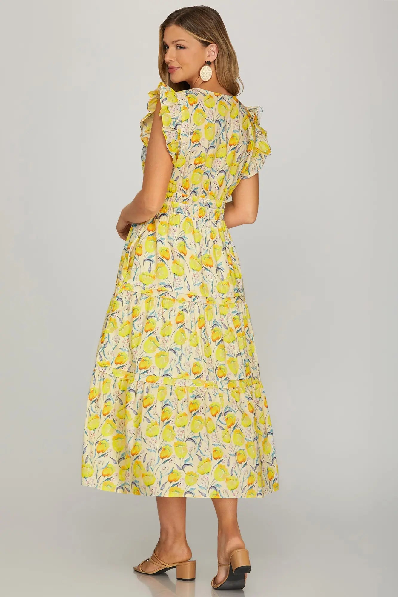 Ruffle Sleeve Floral Tiered Dress with Pockets | Yellow - Juli's Wearable Art