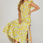 Ruffle Sleeve Floral Tiered Dress with Pockets | Yellow - Juli's Wearable Art