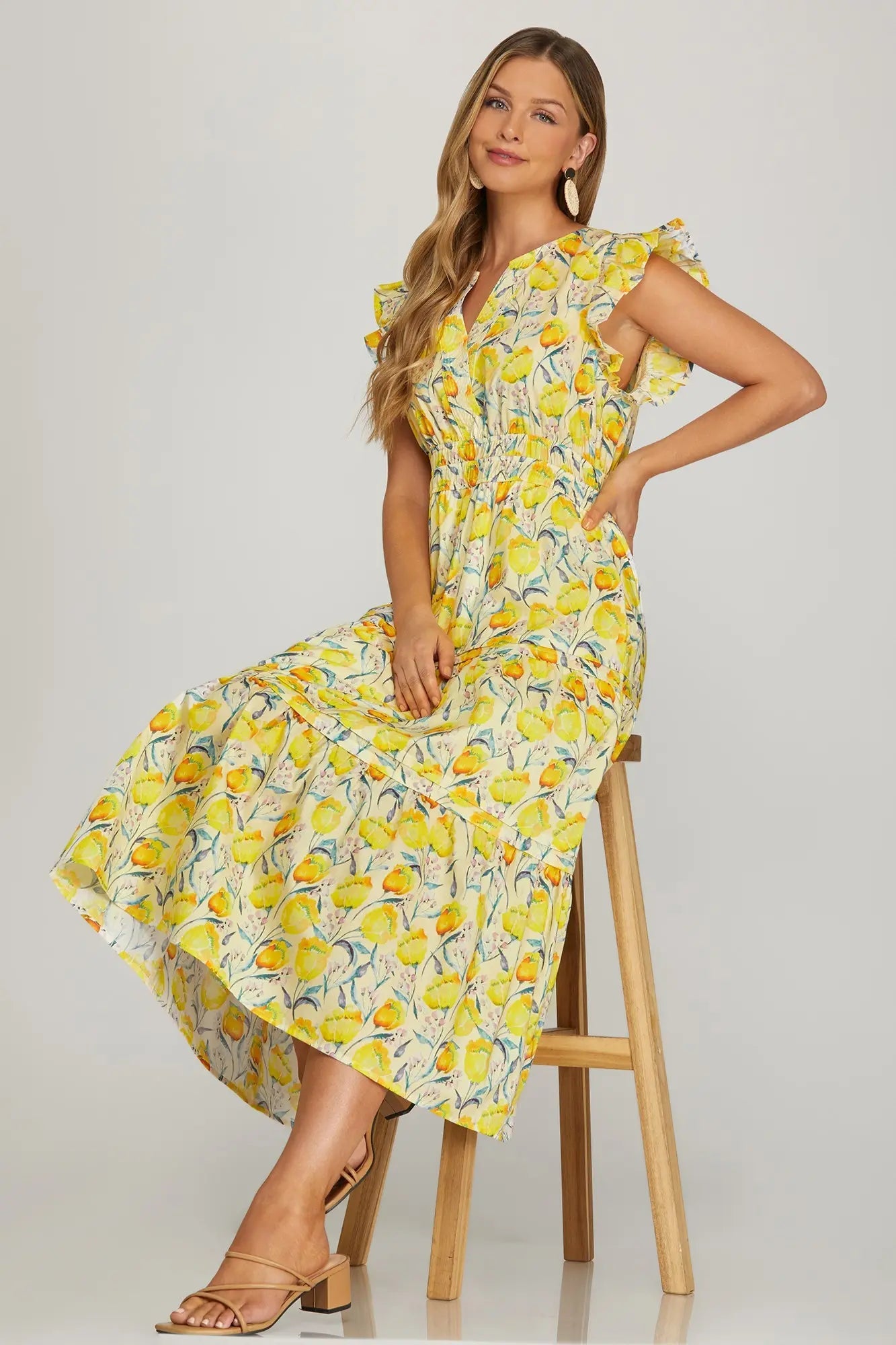 Ruffle Sleeve Floral Tiered Dress with Pockets | Yellow