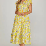 Ruffle Sleeve Floral Tiered Dress with Pockets | Yellow - Juli's Wearable Art