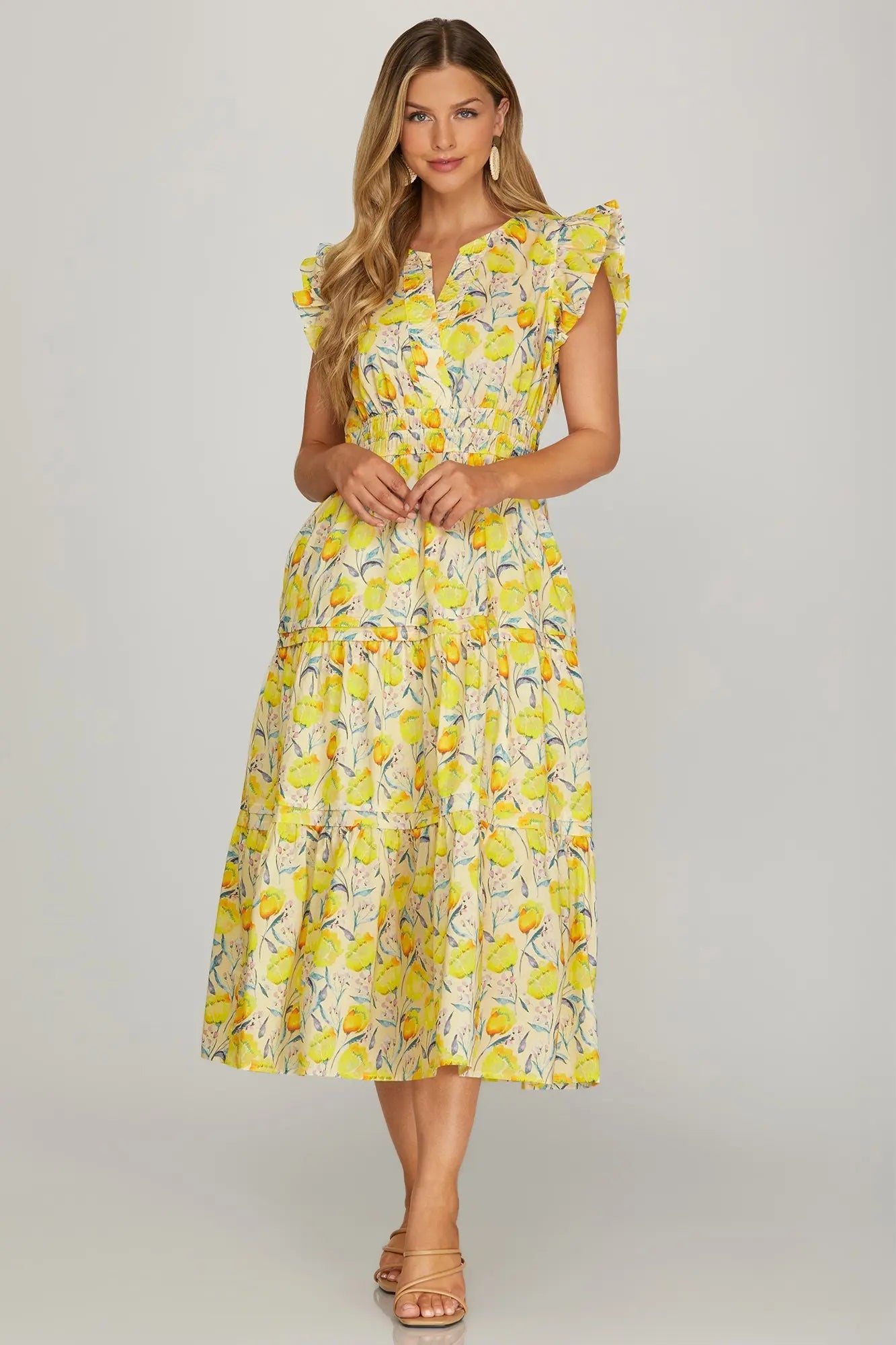 Ruffle Sleeve Floral Tiered Dress with Pockets | Yellow