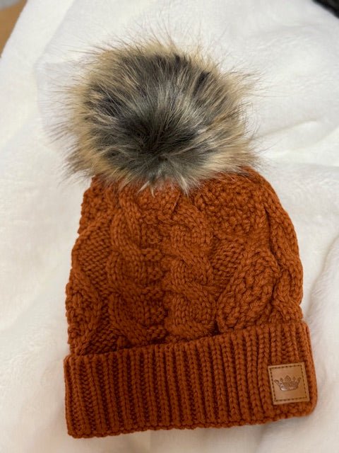 Rust Cable Knit Pom Hat with Faux Fur Pom - Juli's Wearable Art