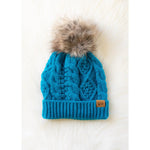 Sapphire Blue Cable Knit Hat with Faux Fur Pom - Juli's Wearable Art