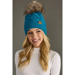 Sapphire Blue Cable Knit Hat with Faux Fur Pom - Juli's Wearable Art