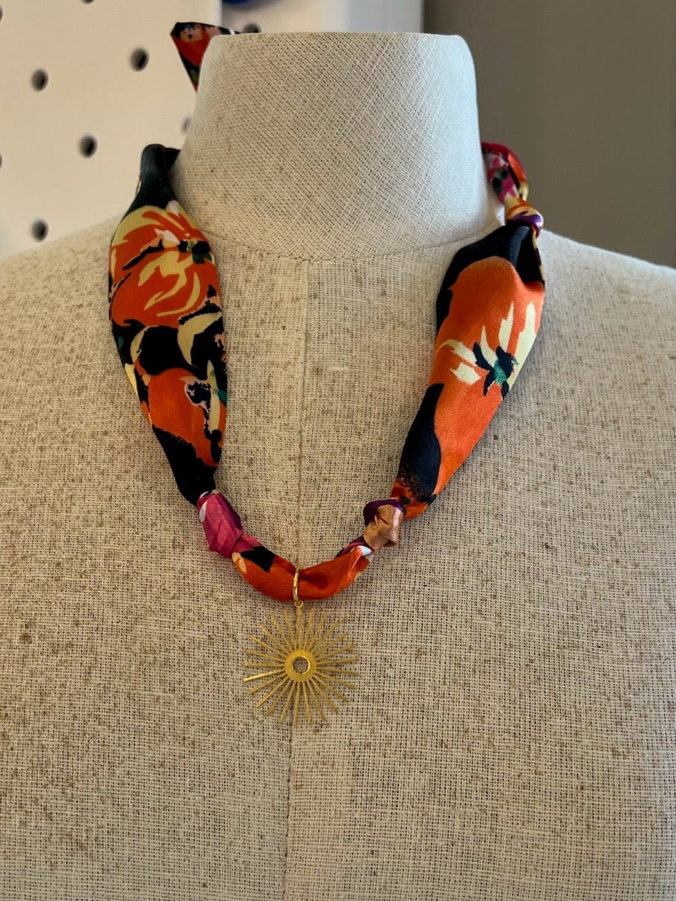 Scarf Necklace with Black & Colorful Pattern & Starburst Charm - Juli's Wearable Art