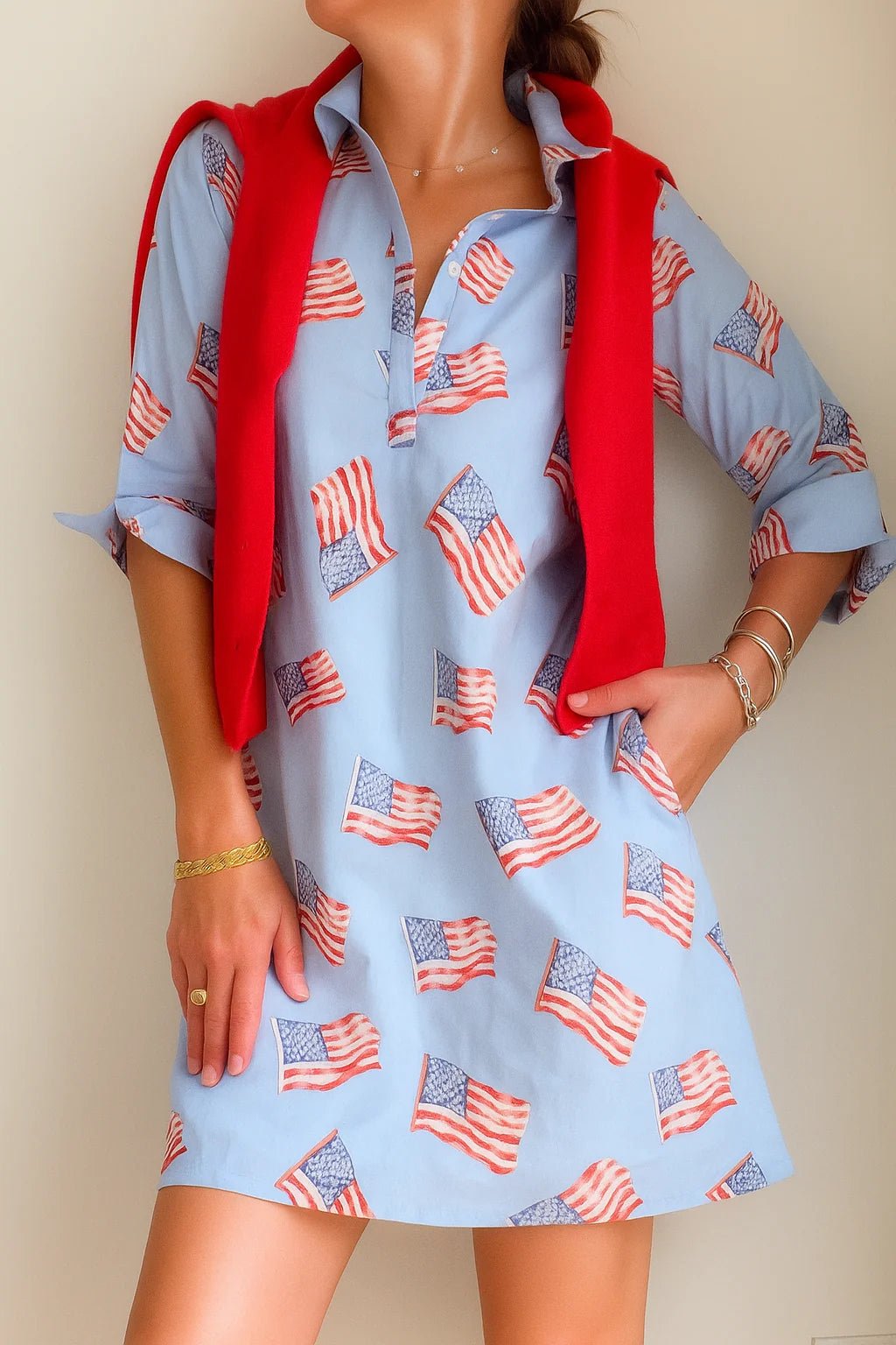 Sconset 3/4 Sleeve American Flag Dress | Blue - Juli's Wearable Art