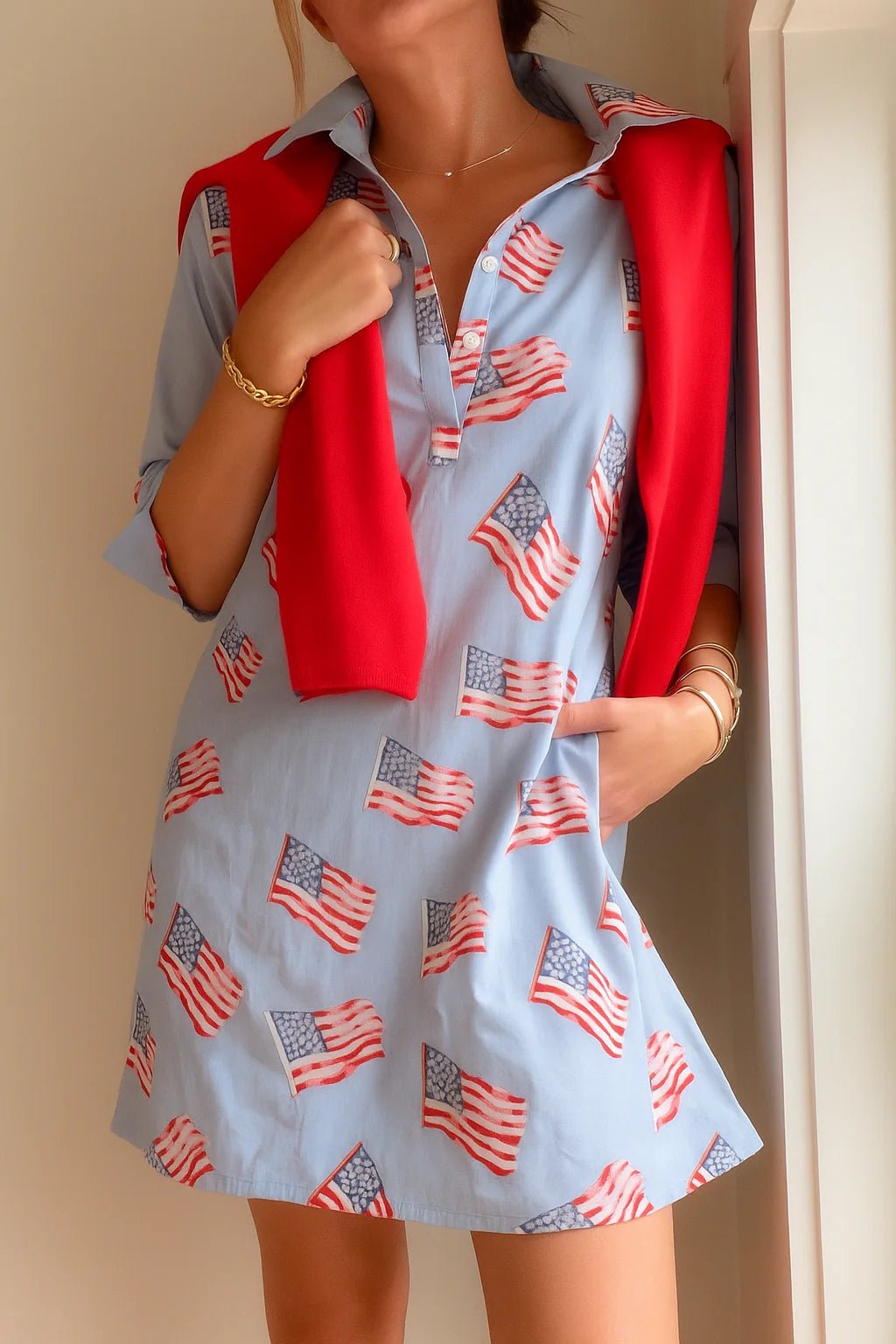 Sconset 3/4 Sleeve American Flag Dress | Blue with Waist Tie