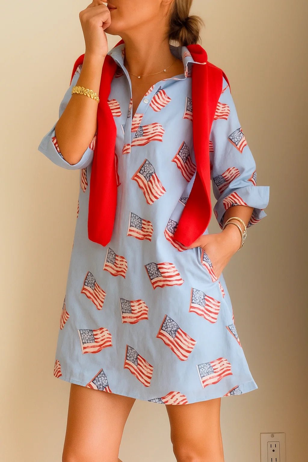Sconset 3/4 Sleeve American Flag Dress | Blue - Juli's Wearable Art