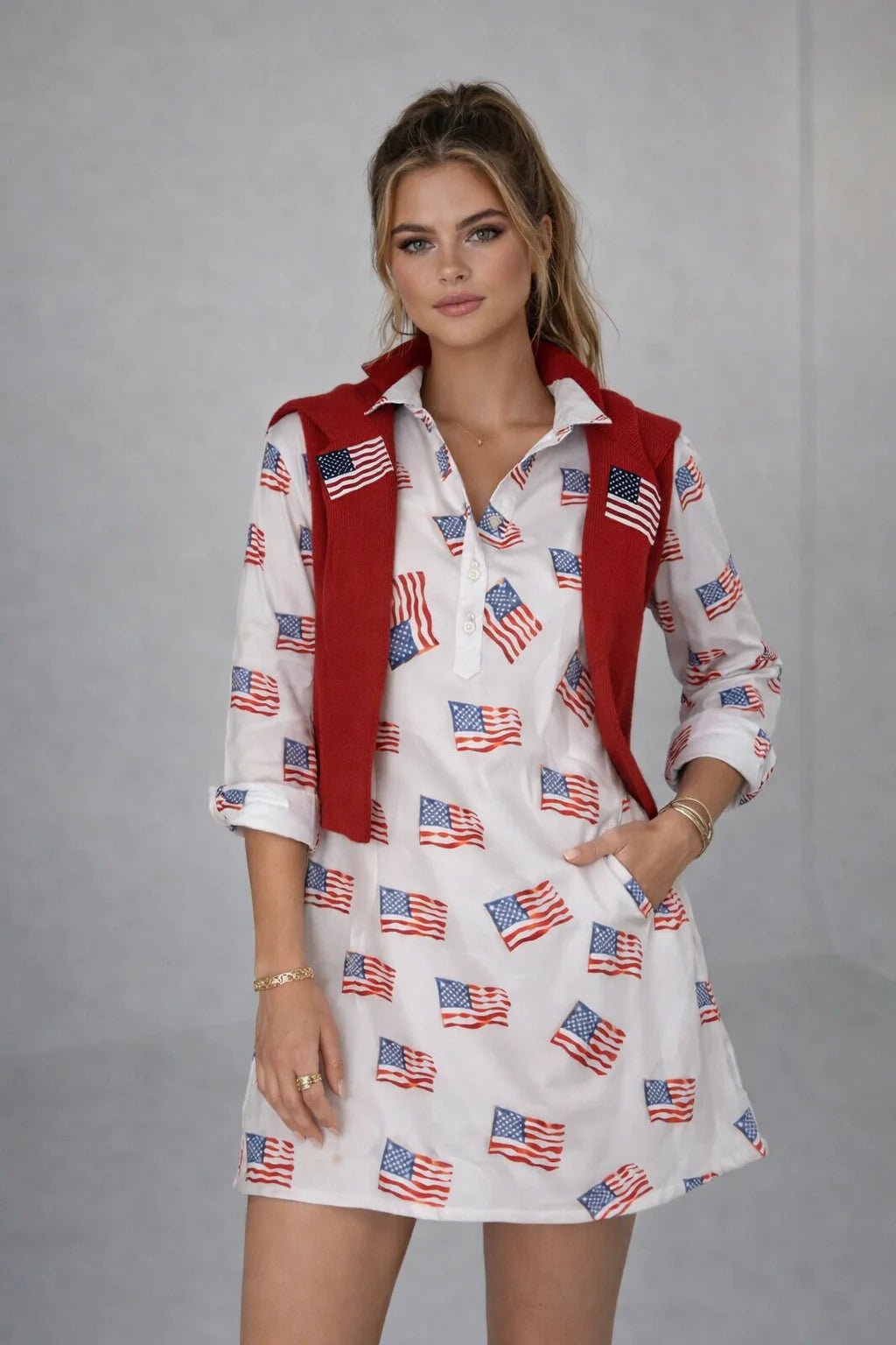 Sconset 3/4 Sleeve American Flag Dress | White - Juli's Wearable Art