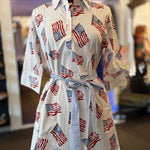 Sconset 3/4 Sleeve American Flag Dress | White with Waist Tie - Juli's Wearable Art
