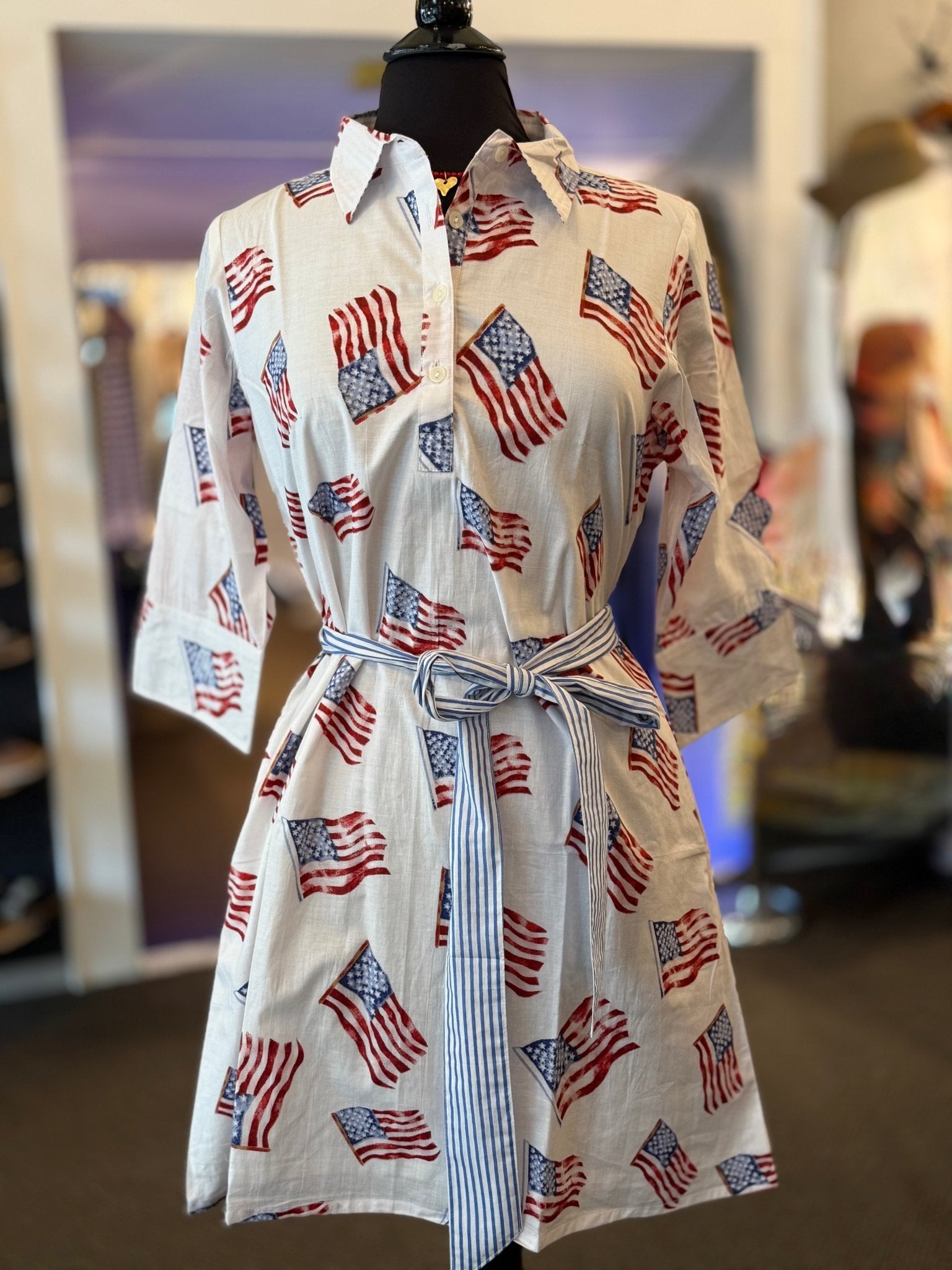 Sconset 3/4 Sleeve American Flag Dress | White with Waist Tie