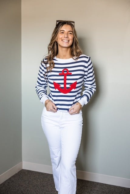 Scout Nautical Stripe Sweater | Navy with Red Anchor