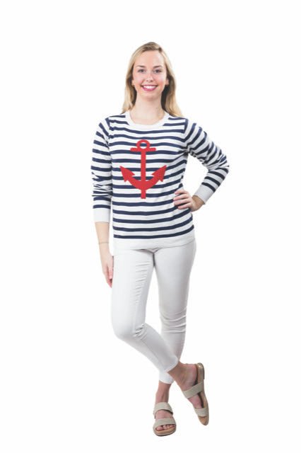 Scout Nautical Stripe Sweater – Navy with Red Anchor - Juli's Wearable Art