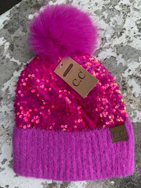 Sequin Fur Pom Beanie – Hot Pink - Juli's Wearable Art