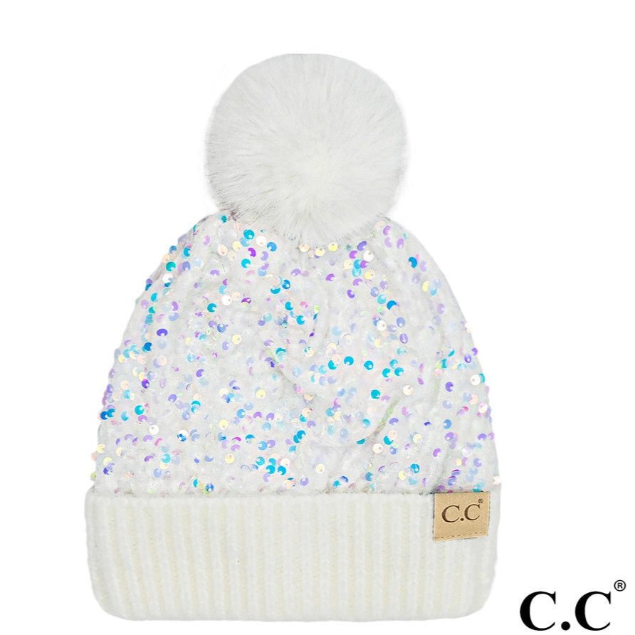 Sequin Fur Pom Beanie – White - Juli's Wearable Art