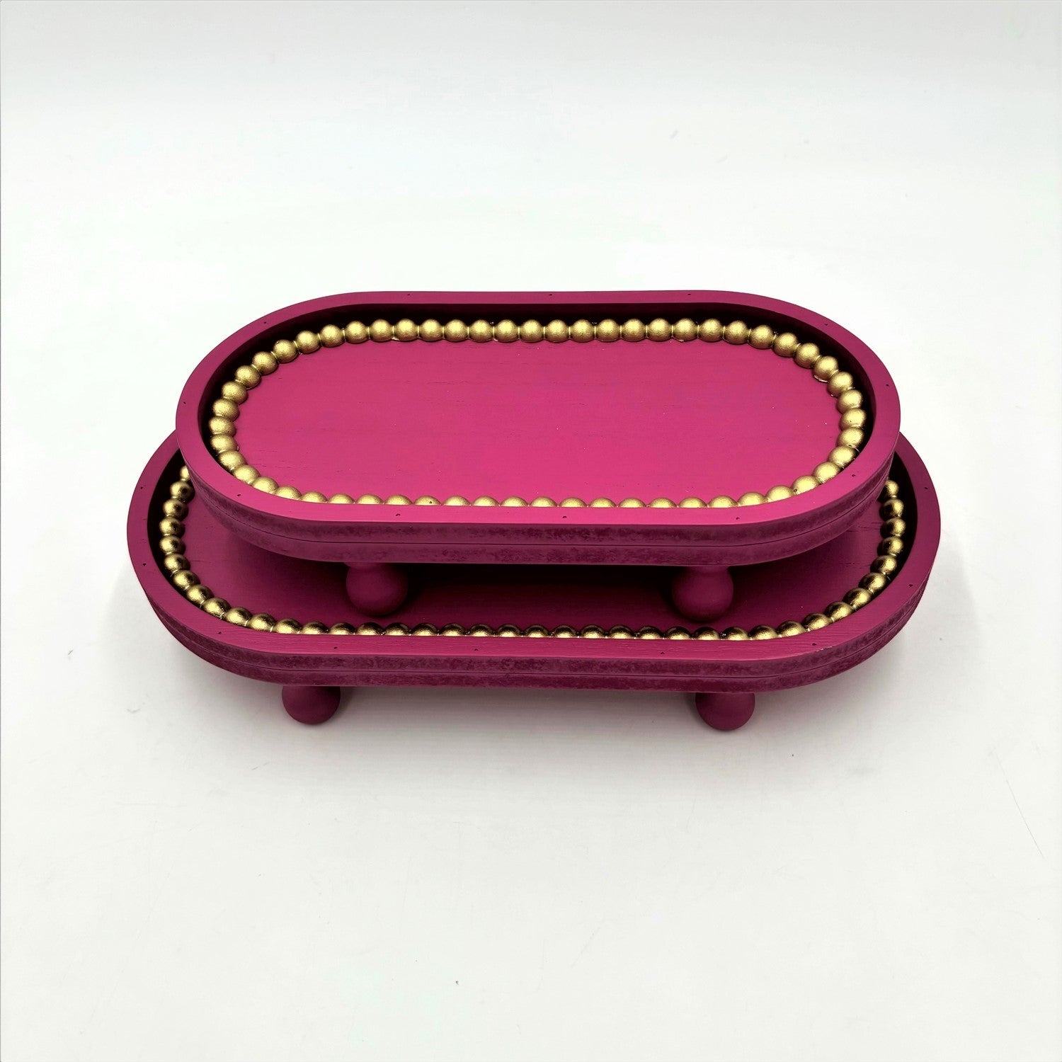 Set of 2 Fuchsia Oblong Trays with Gold Bead Trim - Juli's Wearable Art