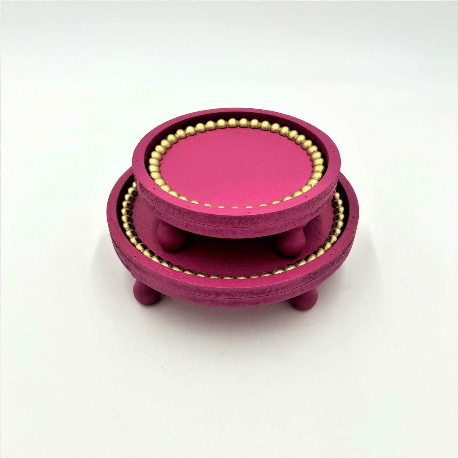Set of 2 Fuchsia Round Trays with Gold Bead Trim