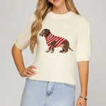 Short Sleeve Dachshund Sweater Top – Cream - Juli's Wearable Art