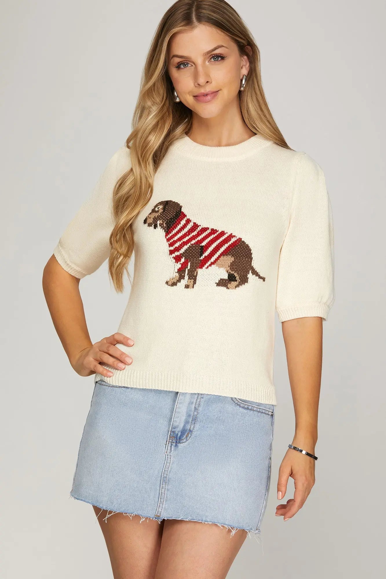 Short Sleeve Dachshund Sweater Top – Cream