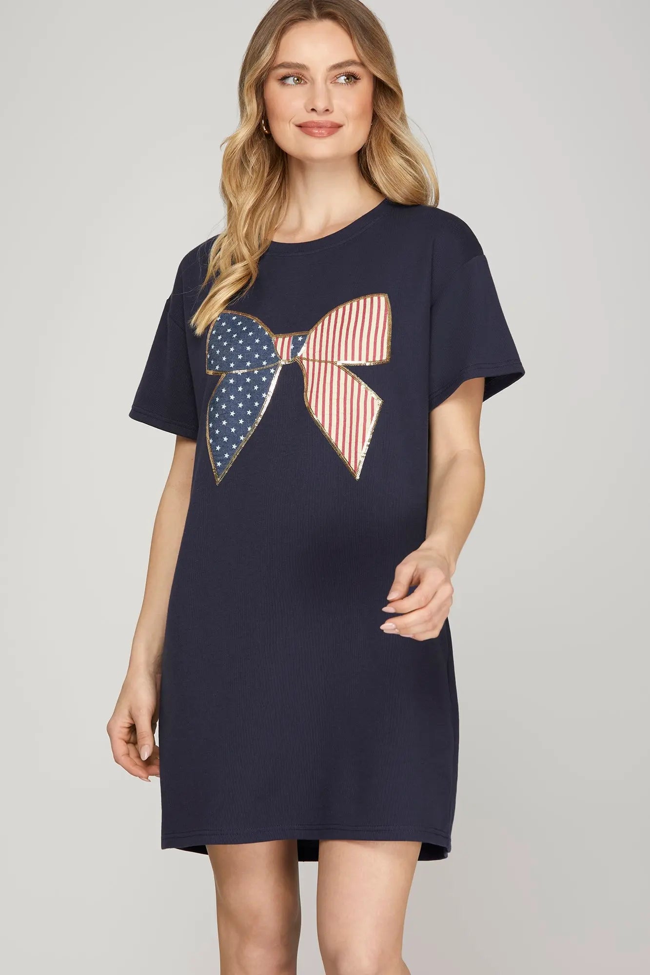 Short Sleeve Knit Dress with Americana Bow & Pockets