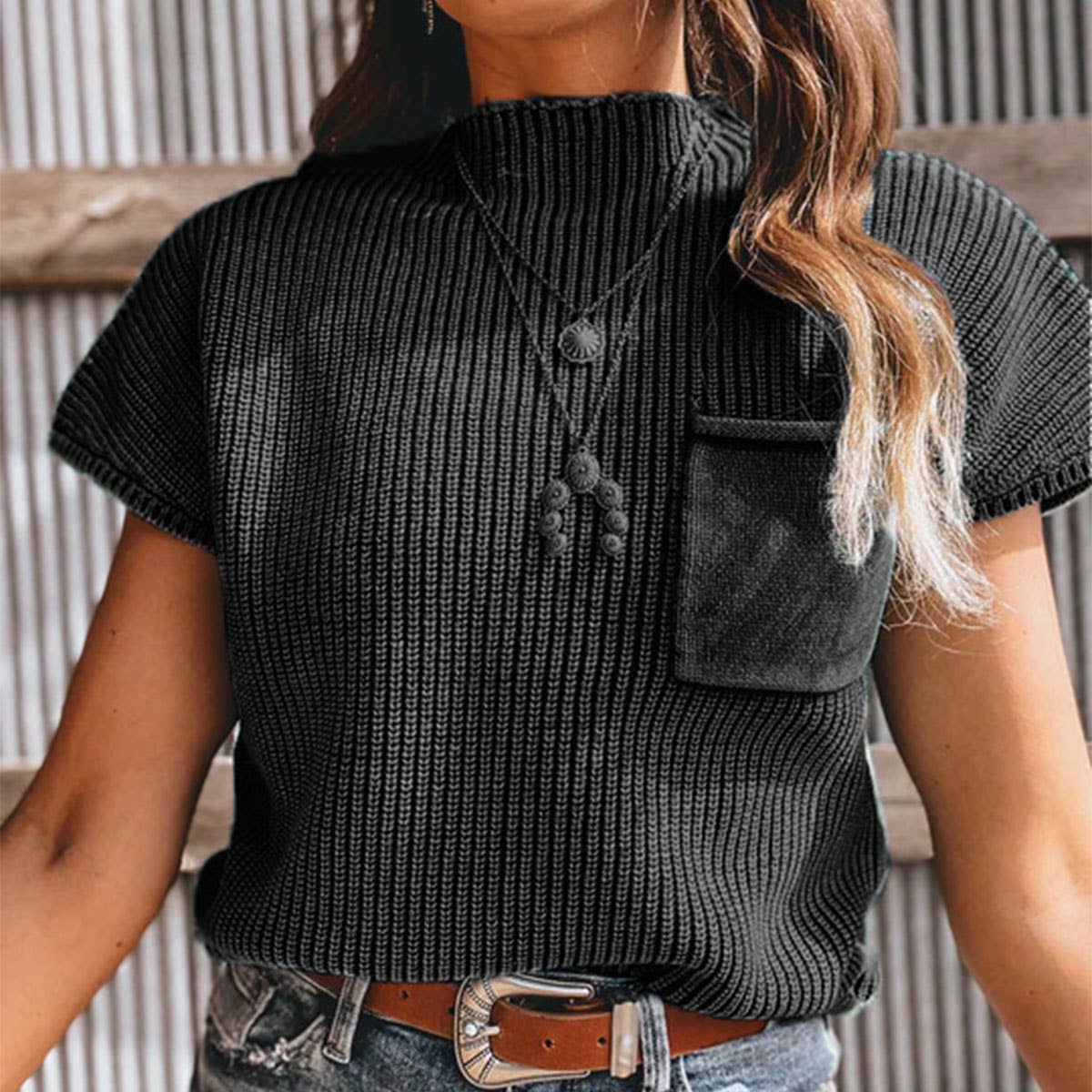 Short-Sleeved Turtleneck Loose Shoulder Sweater with Front Pocket – Black