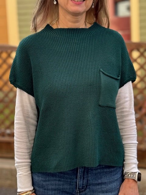 Short - Sleeved Turtleneck Loose Shoulder Sweater with Front Pocket – Dark Green - Juli's Wearable Art