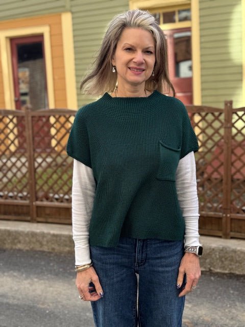 Short - Sleeved Turtleneck Loose Shoulder Sweater with Front Pocket – Dark Green - Juli's Wearable Art
