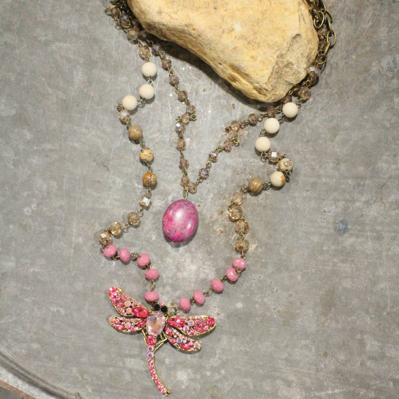 Silent Whispers Dragonfly Bling Shades Of Pink Layered Necklace - Juli's Wearable Art