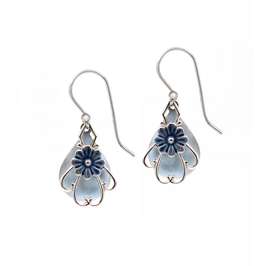 Silver Forest Baby Blue Flower Teardrop Silhouette Earrings - Juli's Wearable Art