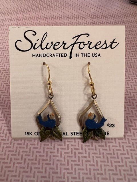 Silver Forest Blue Bird on Leaves Drop Earrings