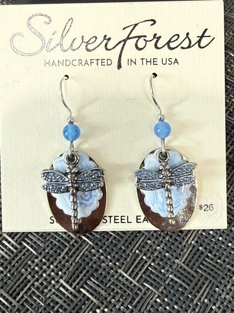 Silver Forest Dragonfly on Cloud Oval Earrings