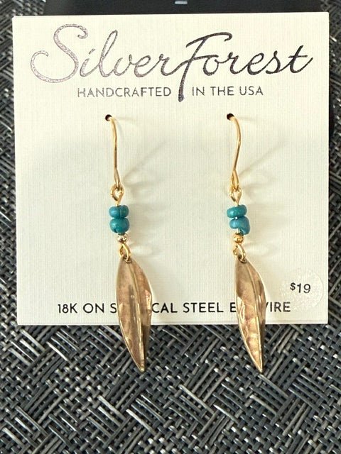Silver Forest Gold Leaf Drop Earrings with Beads