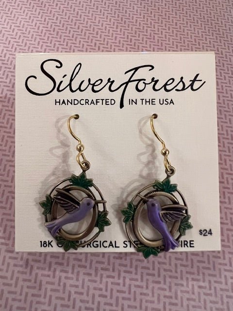 Silver Forest Hummingbird Vintage Framed Earrings | Purple