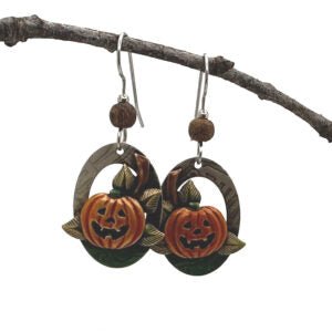 Silver Forest Jack - o - Lantern in Oval Earrings - Juli's Wearable Art